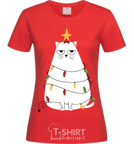 Women's T-shirt Kitty Christmas tree red фото