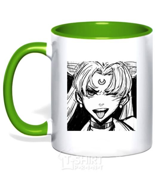 Mug with a colored handle Sailor moon black white kelly-green фото