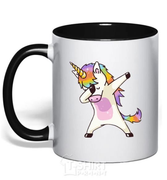 Mug with a colored handle Dabbing unicorn with star black фото