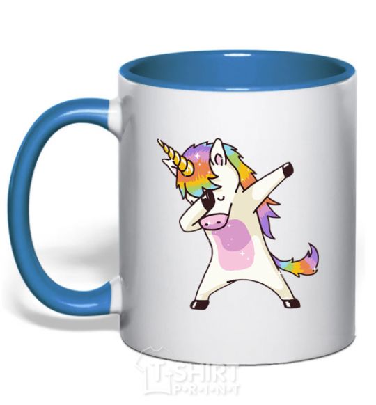 Mug with a colored handle Dabbing unicorn with star royal-blue фото