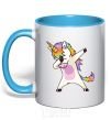 Mug with a colored handle Dabbing unicorn with star sky-blue фото