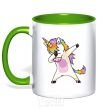 Mug with a colored handle Dabbing unicorn with star kelly-green фото