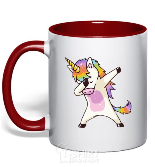 Mug with a colored handle Dabbing unicorn with star red фото