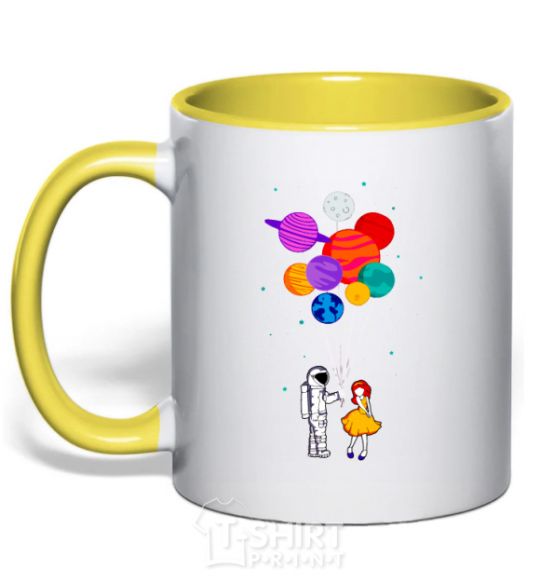 Mug with a colored handle Astronaut with balloons yellow фото