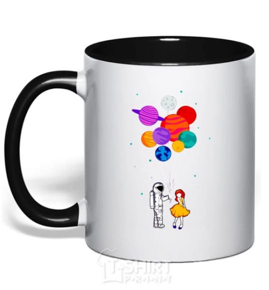 Mug with a colored handle Astronaut with balloons black фото