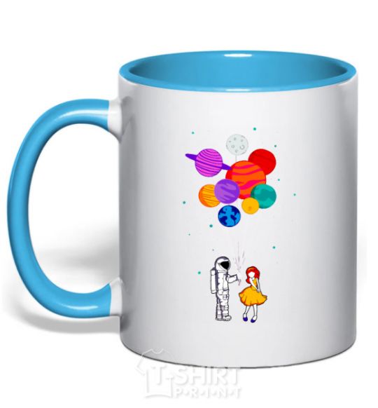 Mug with a colored handle Astronaut with balloons sky-blue фото