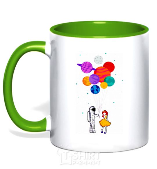 Mug with a colored handle Astronaut with balloons kelly-green фото