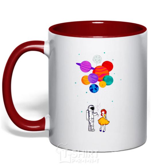 Mug with a colored handle Astronaut with balloons red фото