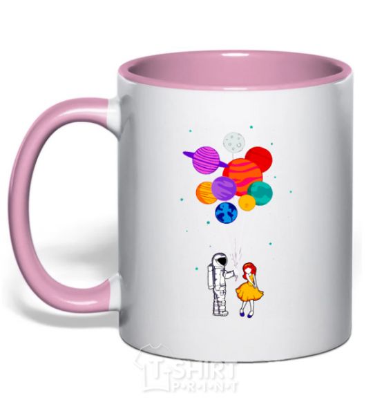 Mug with a colored handle Astronaut with balloons light-pink фото