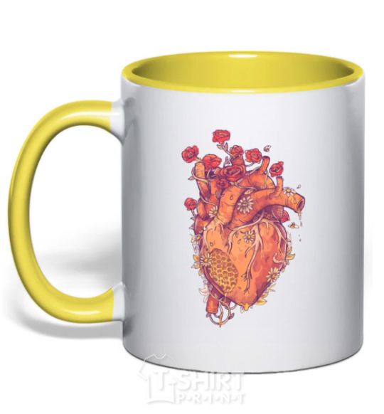 Mug with a colored handle Heart flowers yellow фото