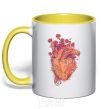 Mug with a colored handle Heart flowers yellow фото