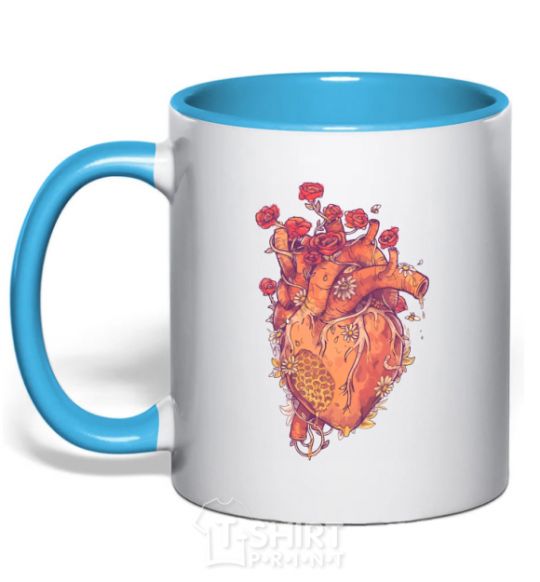 Mug with a colored handle Heart flowers sky-blue фото