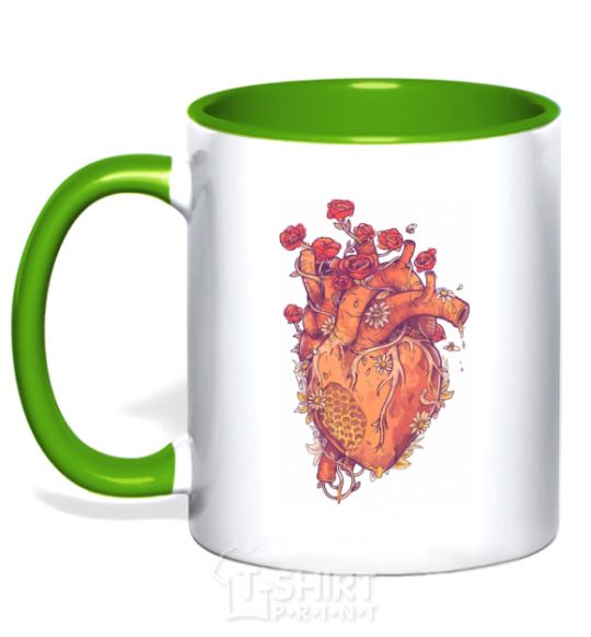 Mug with a colored handle Heart flowers kelly-green фото