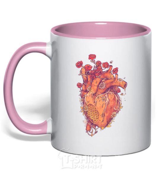 Mug with a colored handle Heart flowers light-pink фото