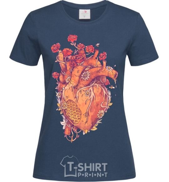 Women's T-shirt Heart flowers navy-blue фото