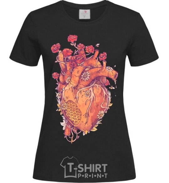 Women's T-shirt Heart flowers black фото