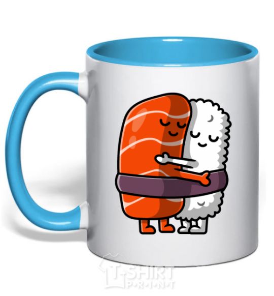 Mug with a colored handle Sushi hugs sky-blue фото