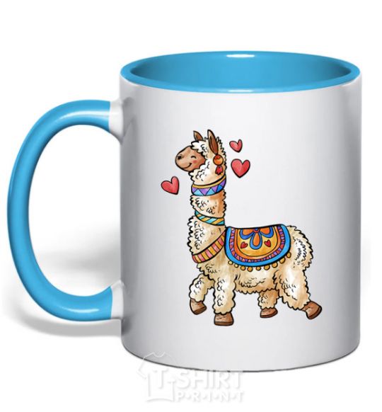 Mug with a colored handle Bright lama sky-blue фото