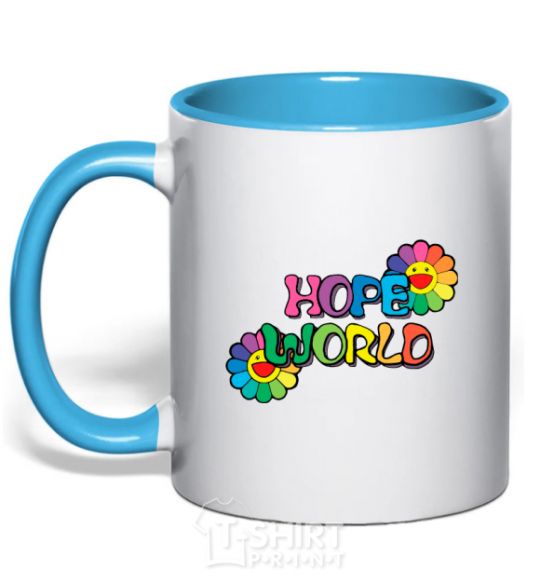 Mug with a colored handle Hope world sky-blue фото