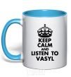 Mug with a colored handle Listen to Vasyl sky-blue фото