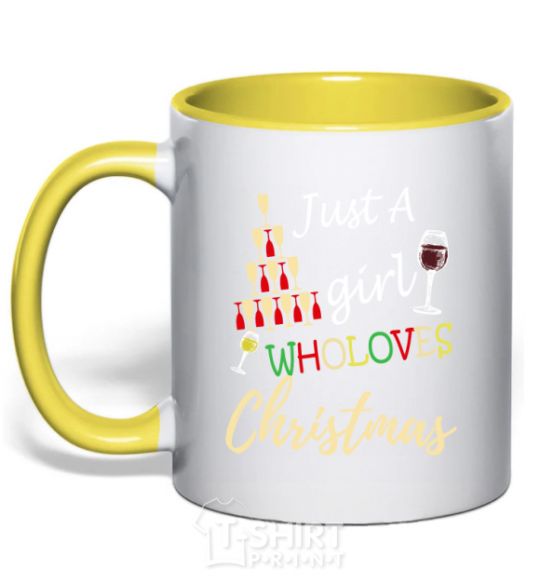 Mug with a colored handle Just a girl who loves christmas yellow фото