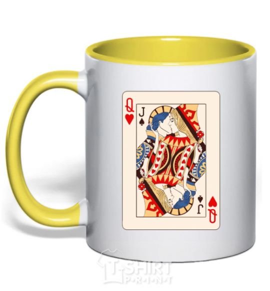 Mug with a colored handle Couple's card yellow фото