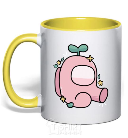 Mug with a colored handle Among us pink with leaves yellow фото