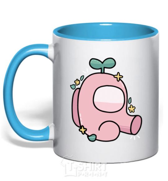 Mug with a colored handle Among us pink with leaves sky-blue фото