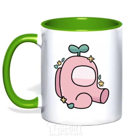 Mug with a colored handle Among us pink with leaves kelly-green фото