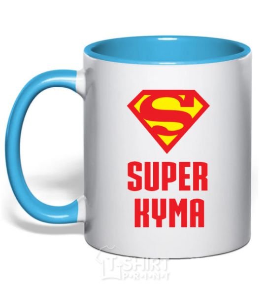Mug with a colored handle Super godmother sky-blue фото