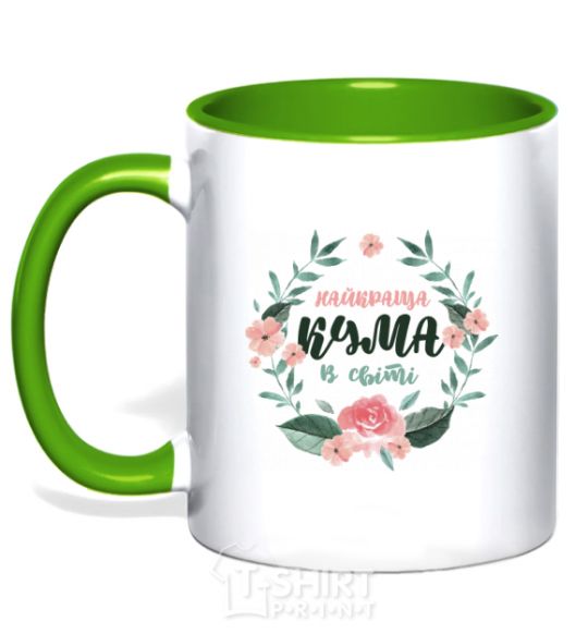 Mug with a colored handle The best godmother's wreath kelly-green фото