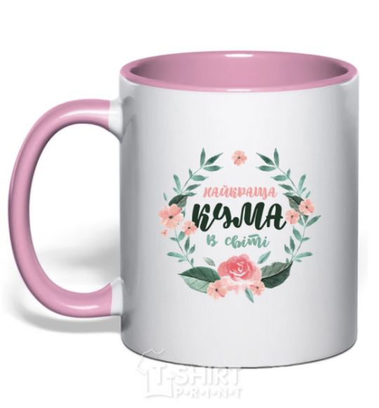 Mug with a colored handle The best godmother's wreath light-pink фото