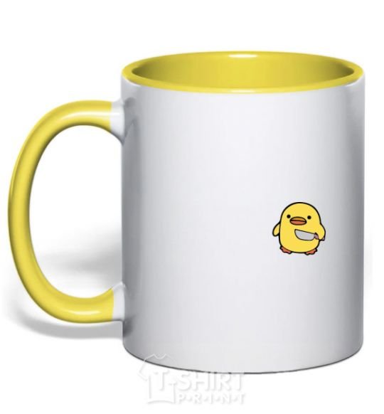 Mug with a colored handle A chicken with a knife yellow фото
