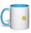 Mug with a colored handle A chicken with a knife sky-blue фото