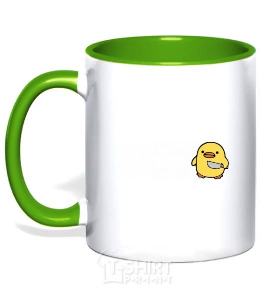 Mug with a colored handle A chicken with a knife kelly-green фото