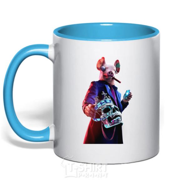 Mug with a colored handle Watch dogs pig sky-blue фото