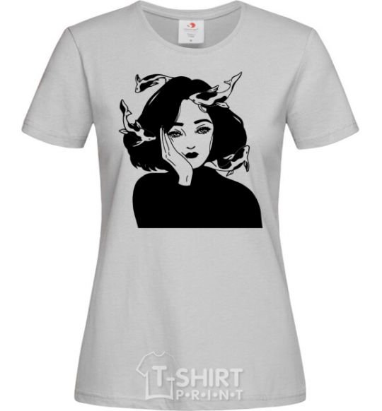 Women's T-shirt The girl with the fish grey фото