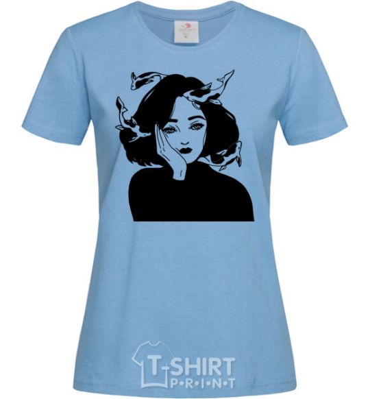 Women's T-shirt The girl with the fish sky-blue фото