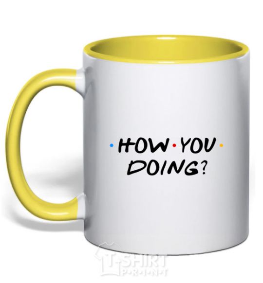 Mug with a colored handle Friends how you doing yellow фото