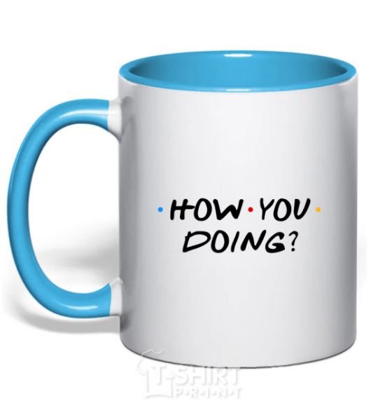 Mug with a colored handle Friends how you doing sky-blue фото