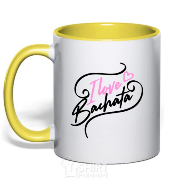 Mug with a colored handle I love bachata yellow фото