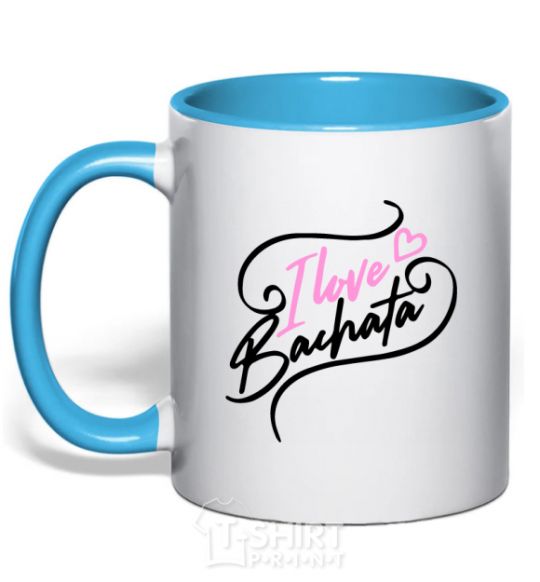 Mug with a colored handle I love bachata sky-blue фото