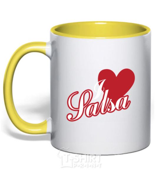 Mug with a colored handle I love salsa yellow фото