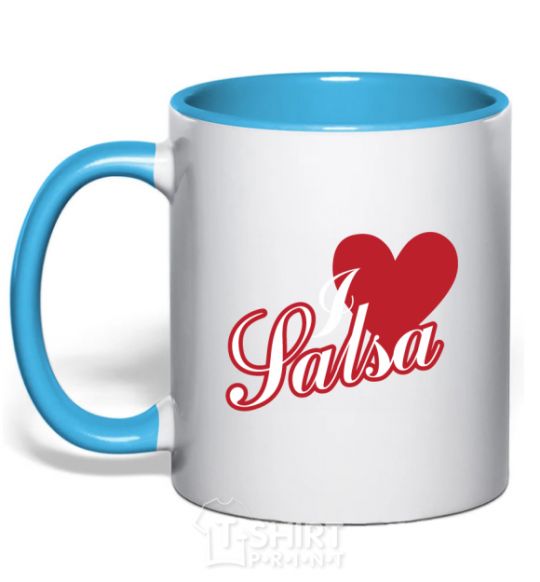 Mug with a colored handle I love salsa sky-blue фото