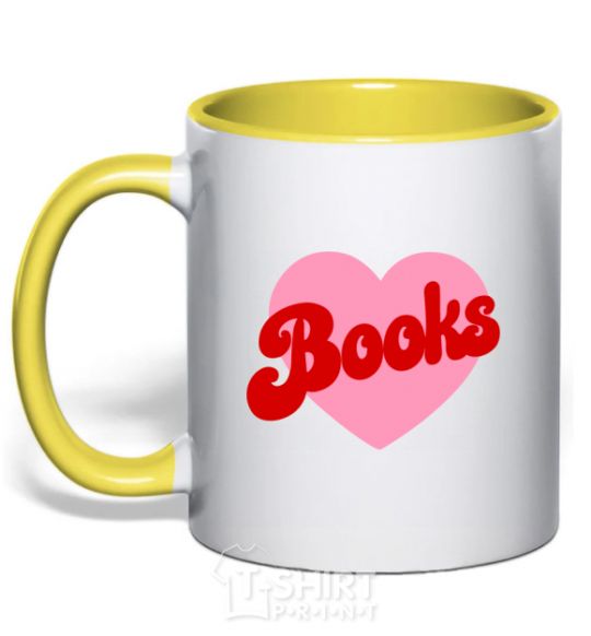 Mug with a colored handle Books with heart yellow фото