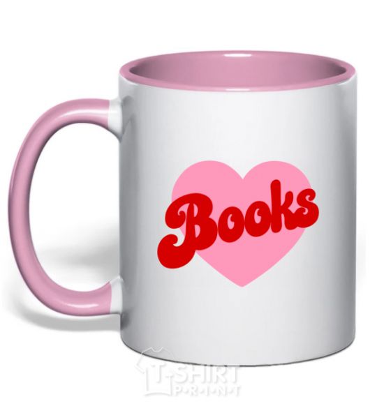 Mug with a colored handle Books with heart light-pink фото