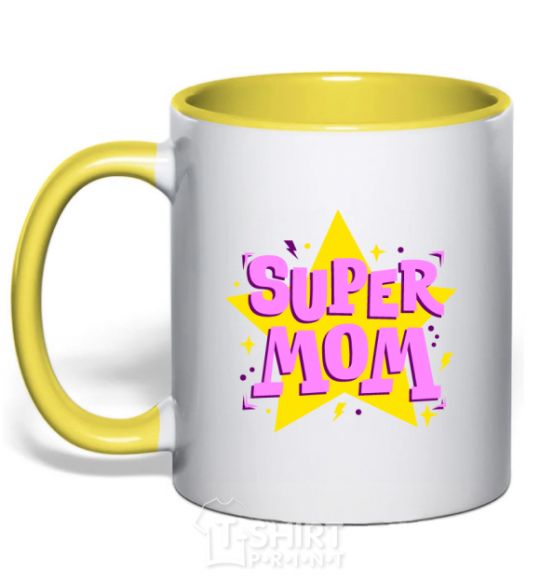 Mug with a colored handle SUPER MOM yellow фото