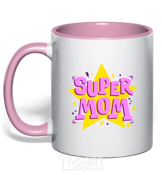 Mug with a colored handle SUPER MOM light-pink фото