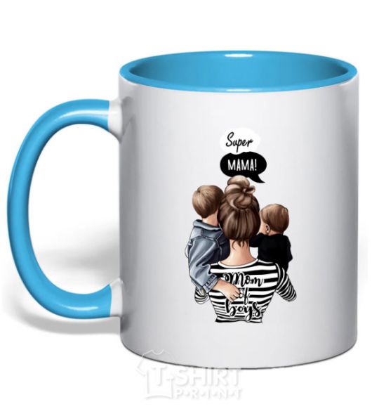 Mug with a colored handle SUPER MAMA of boys sky-blue фото