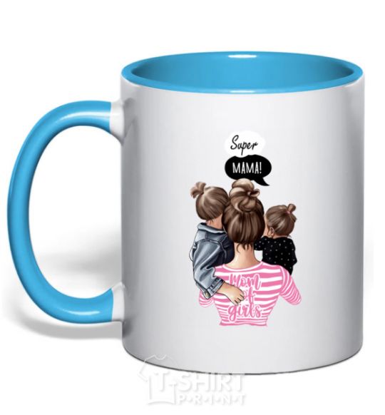 Mug with a colored handle SUPER MAMA of girls sky-blue фото